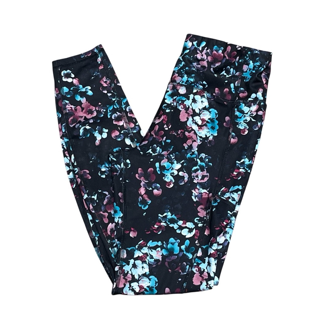 Avia Black Leggings with Blue and Pink Floral Design Women’s Size Medium
